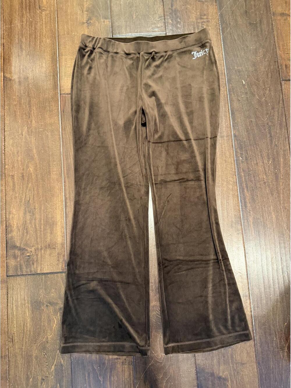 Juicy Couture Brown Velour Flare Yoga Pants Rhinestone Logo XL Y2K
